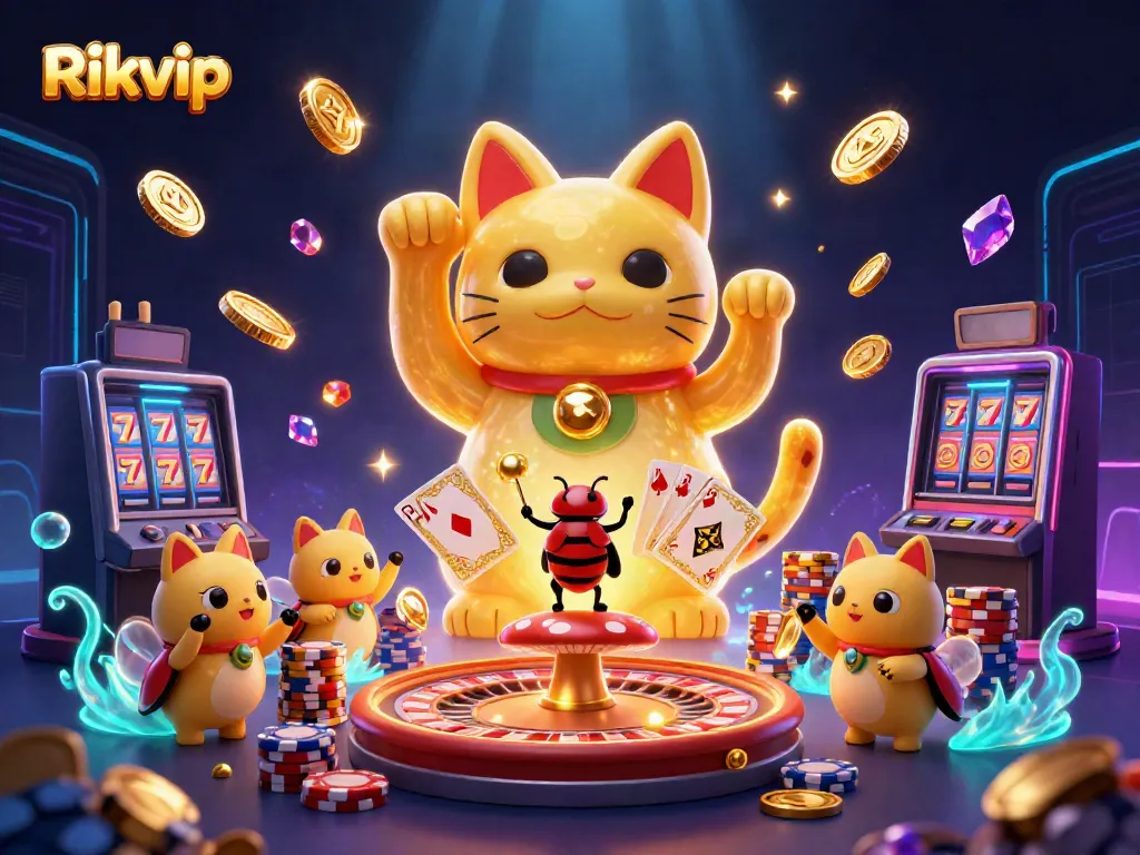Engage with the vibrant scene of Rikvip, showcasing dynamic casino elements and colorful characters.