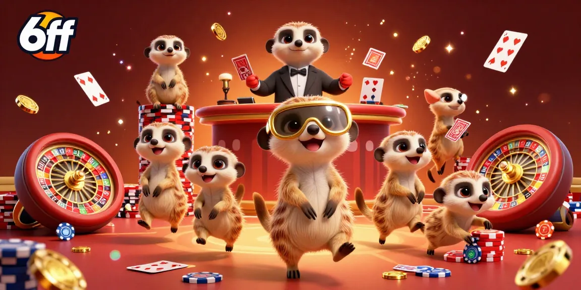 Engage in thrilling casino operations with meerkats managing games in a vibrant 6ff illustration.