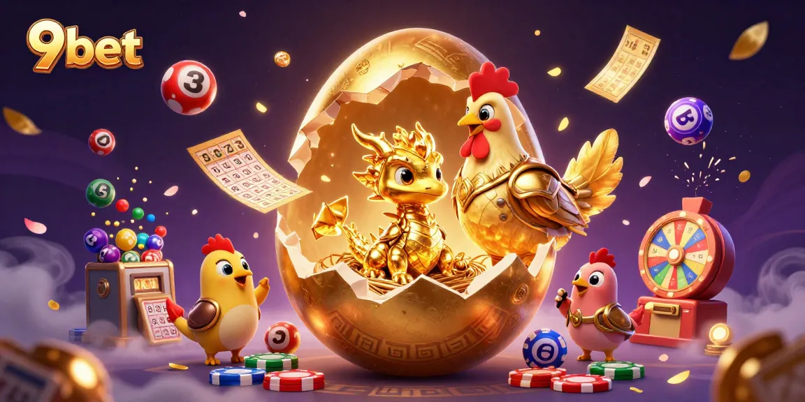 Win big with 9bet's stunning lottery and gaming scene featuring vibrant characters and elements.