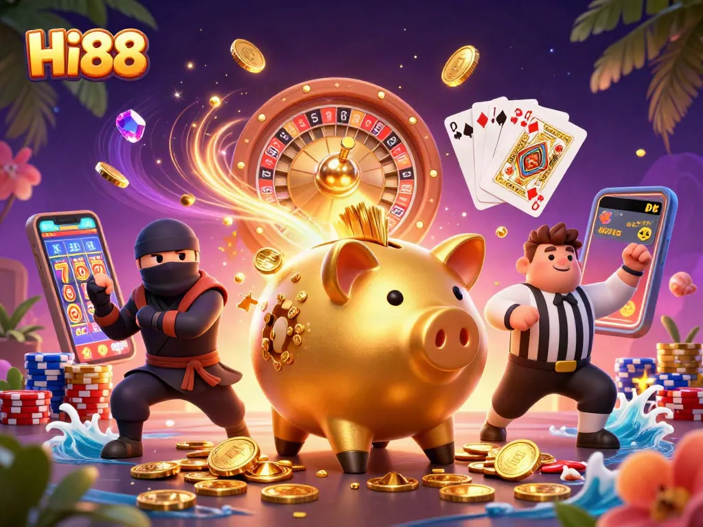 Experience excitement at Hi88 with a dynamic scene showcasing gaming characters and elements.