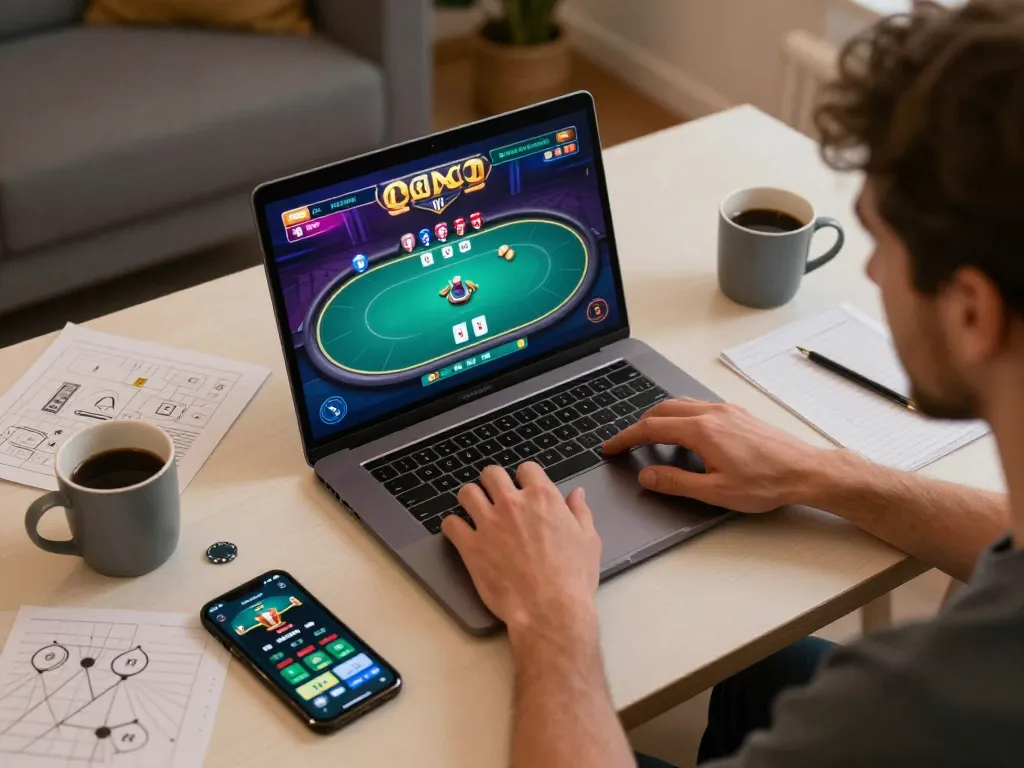 Experience thrilling gameplay in an online poker match while playing GAME ONLINE from home, showcasing vibrant graphics and strategic excitement.