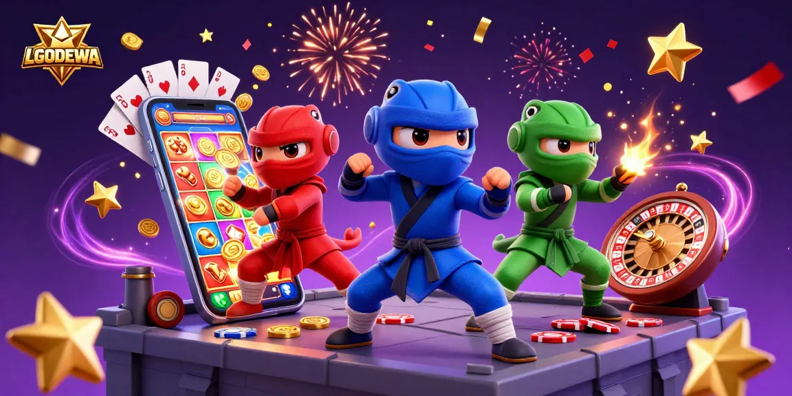 Join the vibrant team of LGODEWA's ninja chameleons as they celebrate winning on colorful slot games.