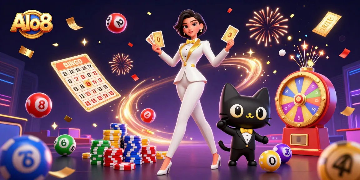 Alo8 casino scene featuring a glamorous woman shuffling cards with dynamic lottery elements and festive confetti.
