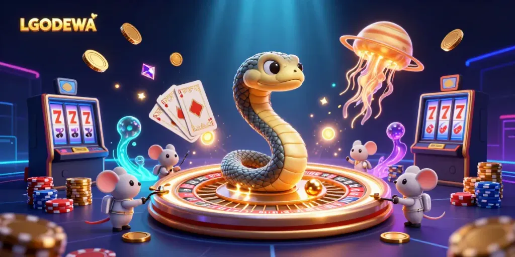 Experience the exciting world of LGODEWA with vibrant casino elements and whimsical characters in a cosmic setting.