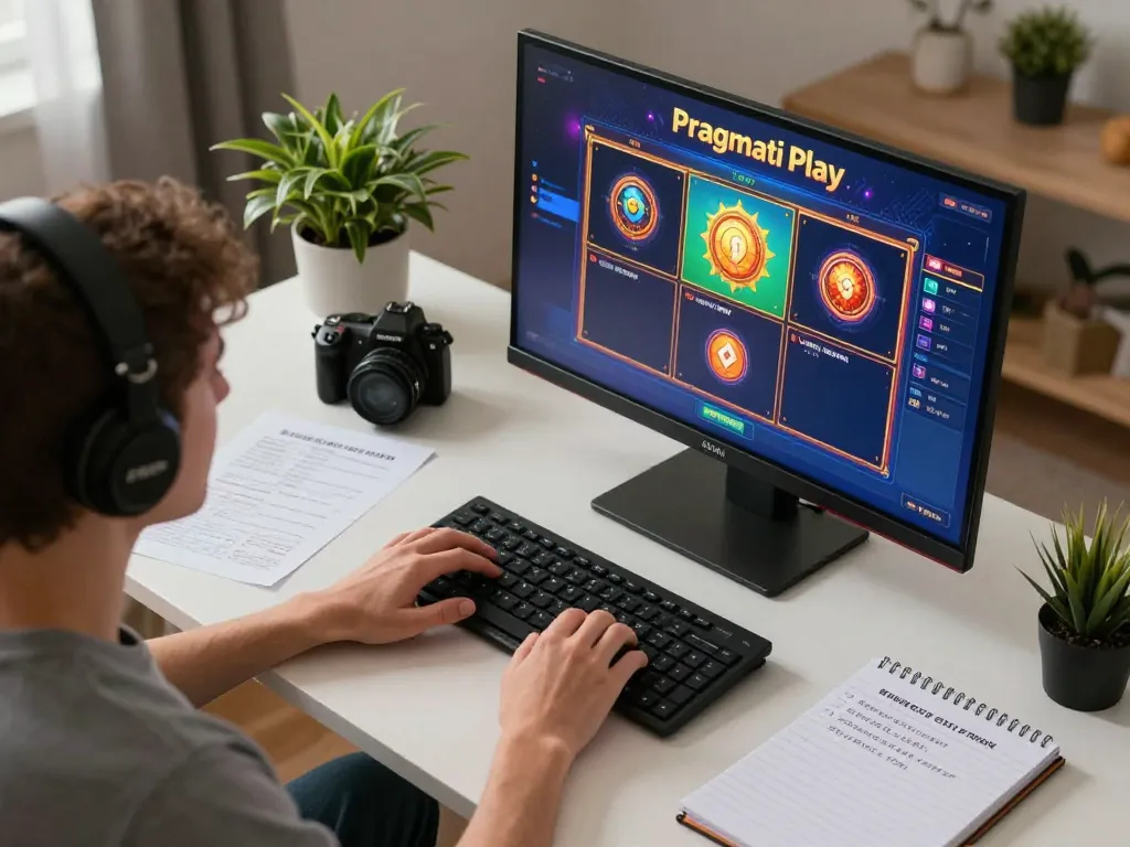 Engaging session with Pragmati Play slot game strategy notes and laptop in cozy gaming setup