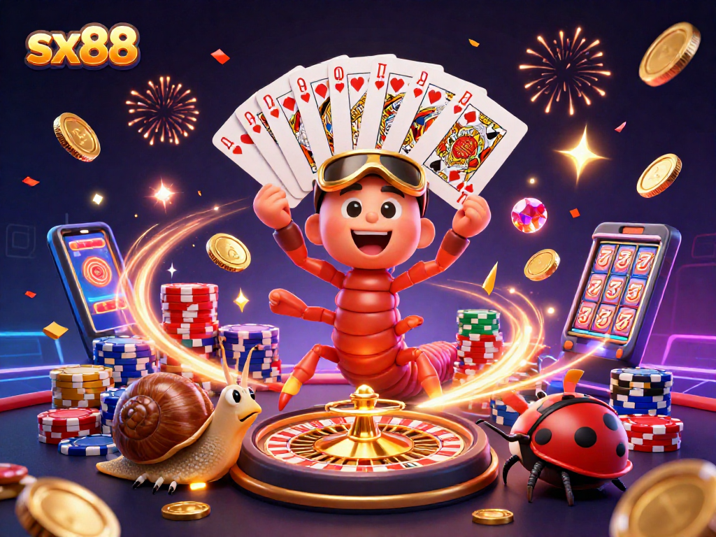 Experience the excitement of sx88 with a colorful casino scene featuring playful characters and dynamic game elements.