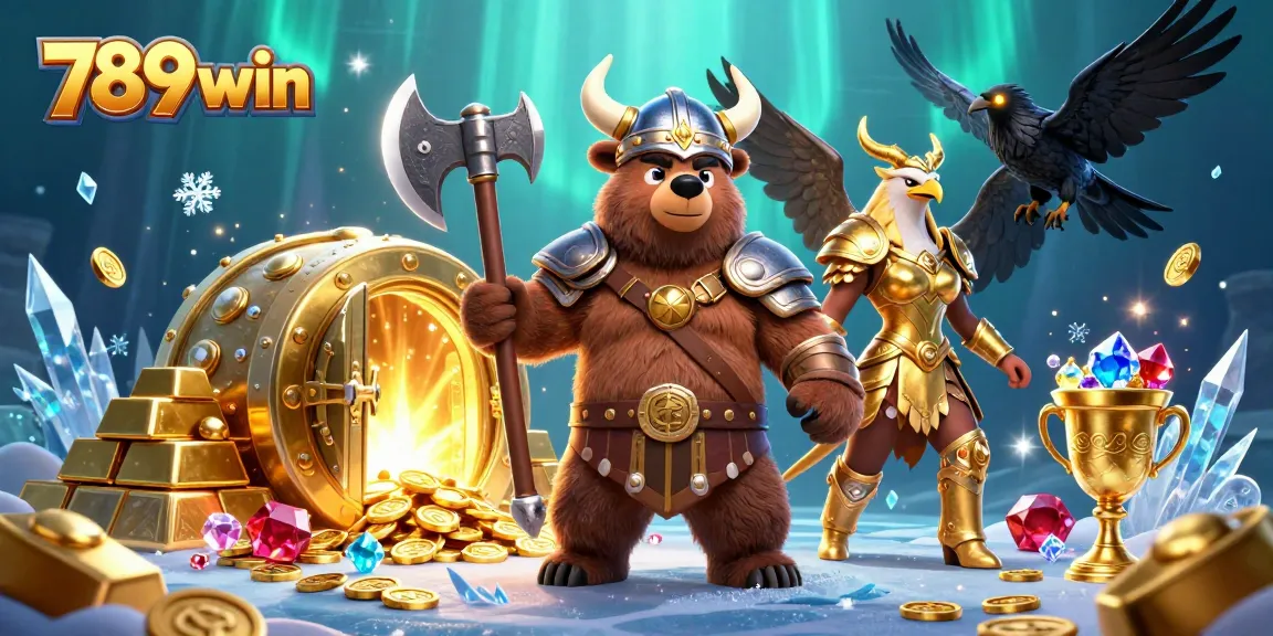 Experience thrilling wins at 789win with this vibrant casino illustration featuring bear warriors and treasure.