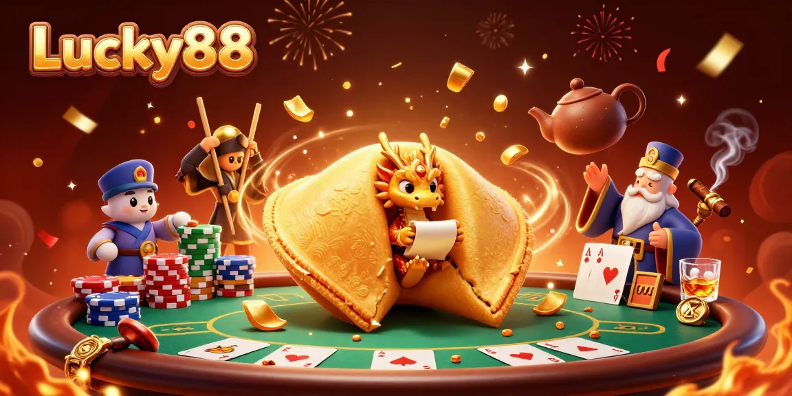 Engage with Lucky88 at an exciting 3D casino scene featuring animated poker action and fantasy elements.