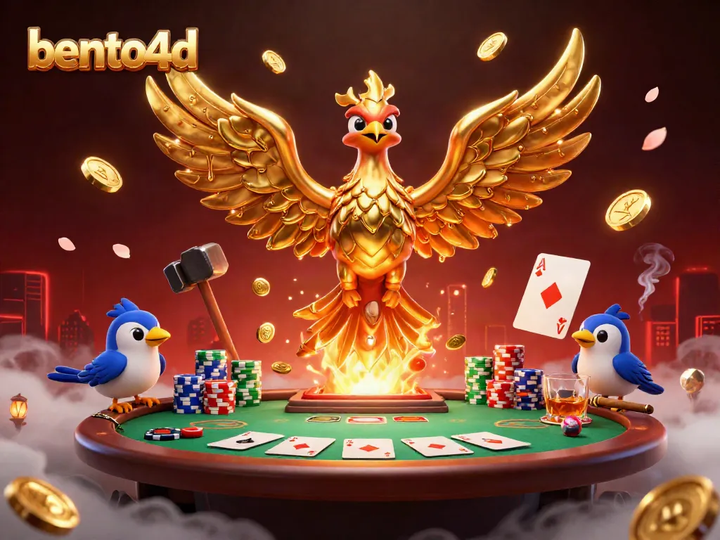 Engage with the dynamic bento4d gaming scene featuring a molten golden phoenix and colorful casino elements.