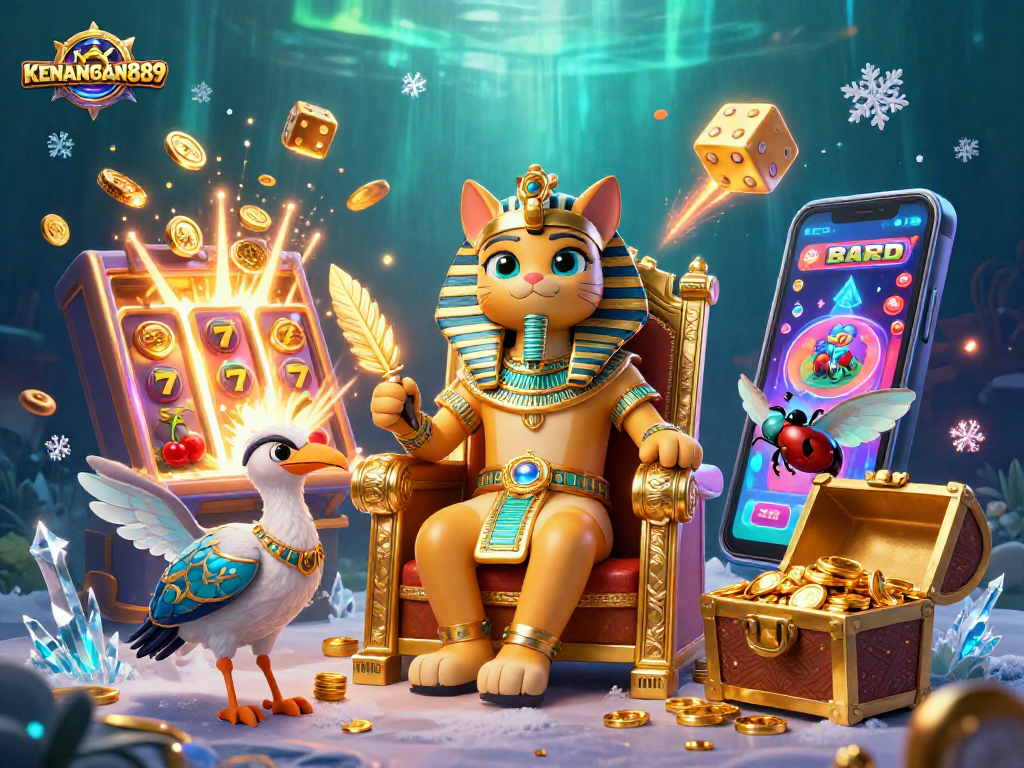 Engage with KENANGAN889 as the pharaoh cat oversees a jackpot explosion amidst colorful casino elements.