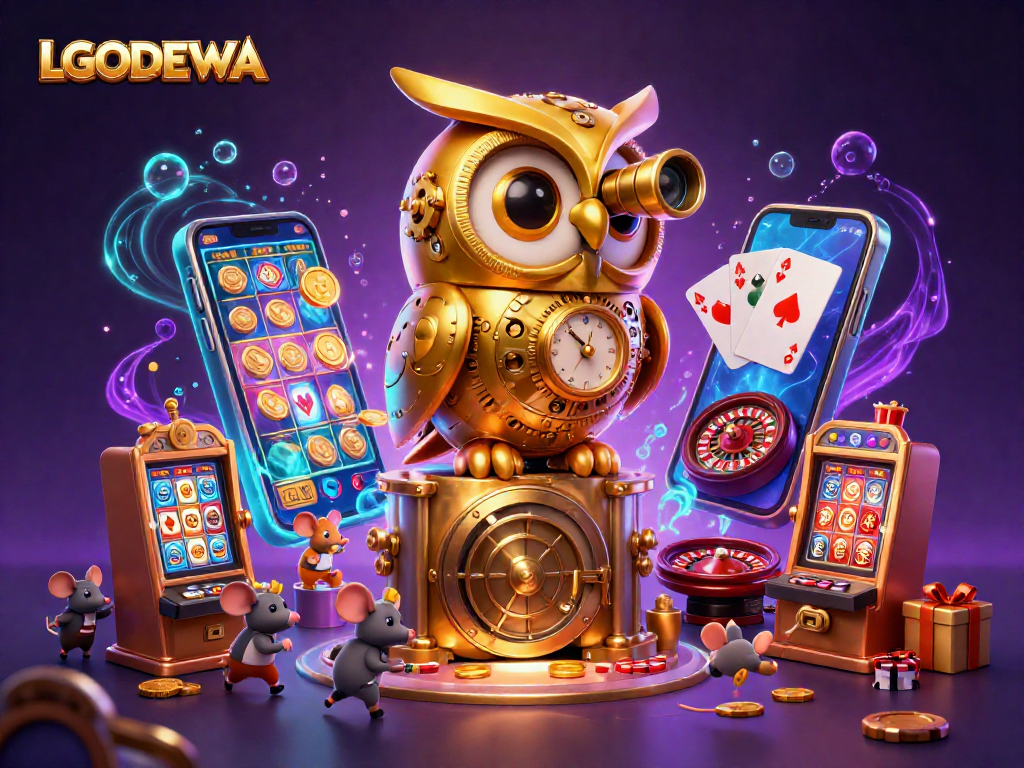 Experience LGODEWA with a stunning scene of a clockwork owl and animated casino elements.