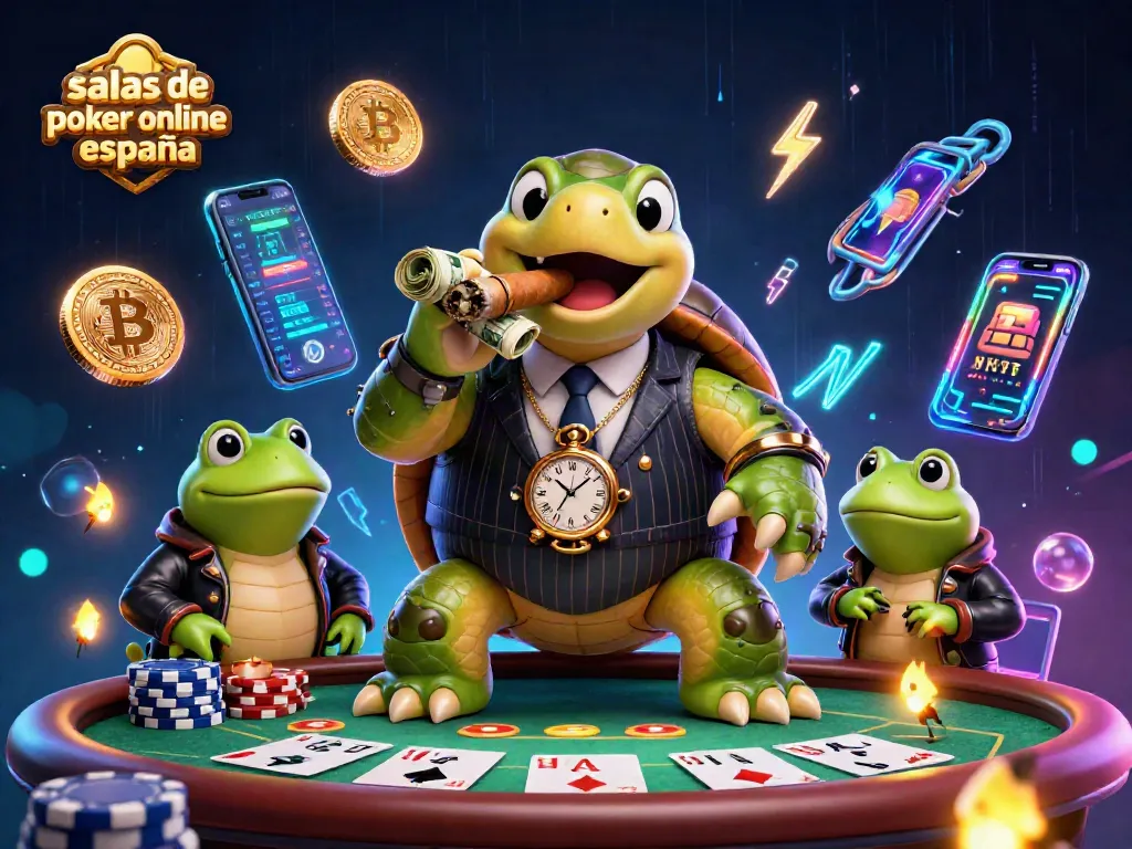 Jugando en las salas de poker online España con una escena colorida y dinámica de personajes de casino.