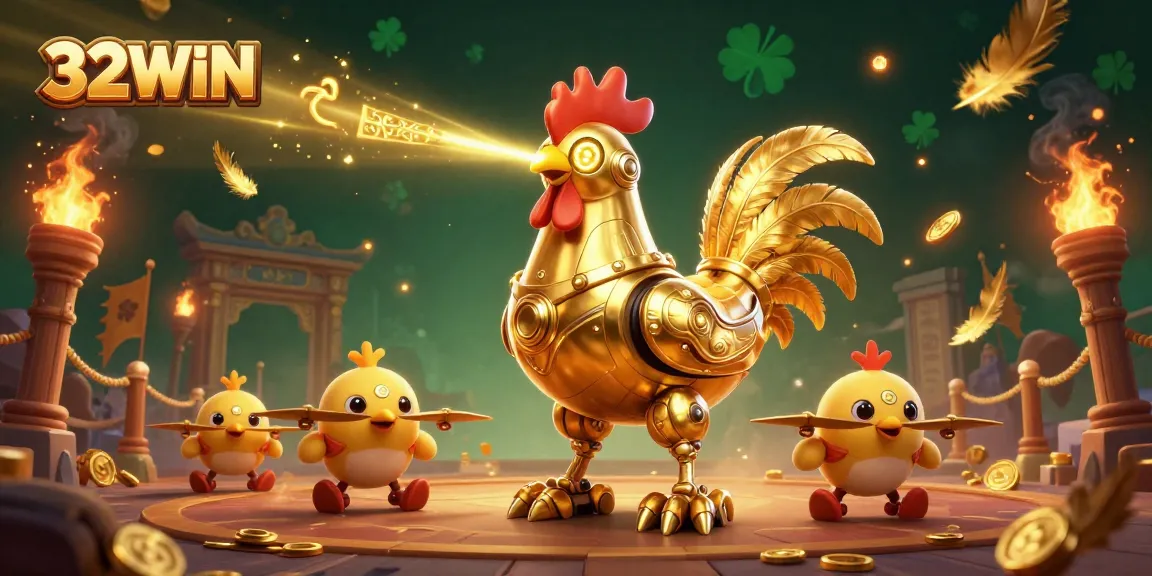 Experience thrilling action at 32WIN with golden rooster robot and drones in an Asian arena.