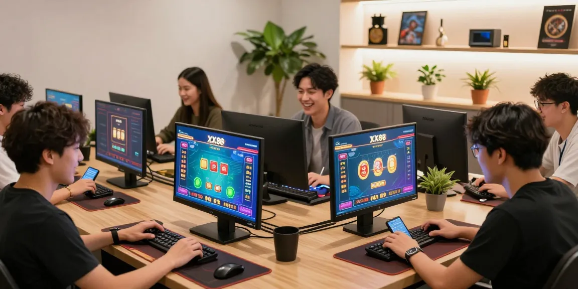 Young adults enjoying online gaming experiences with XX88 in a vibrant lounge setting.