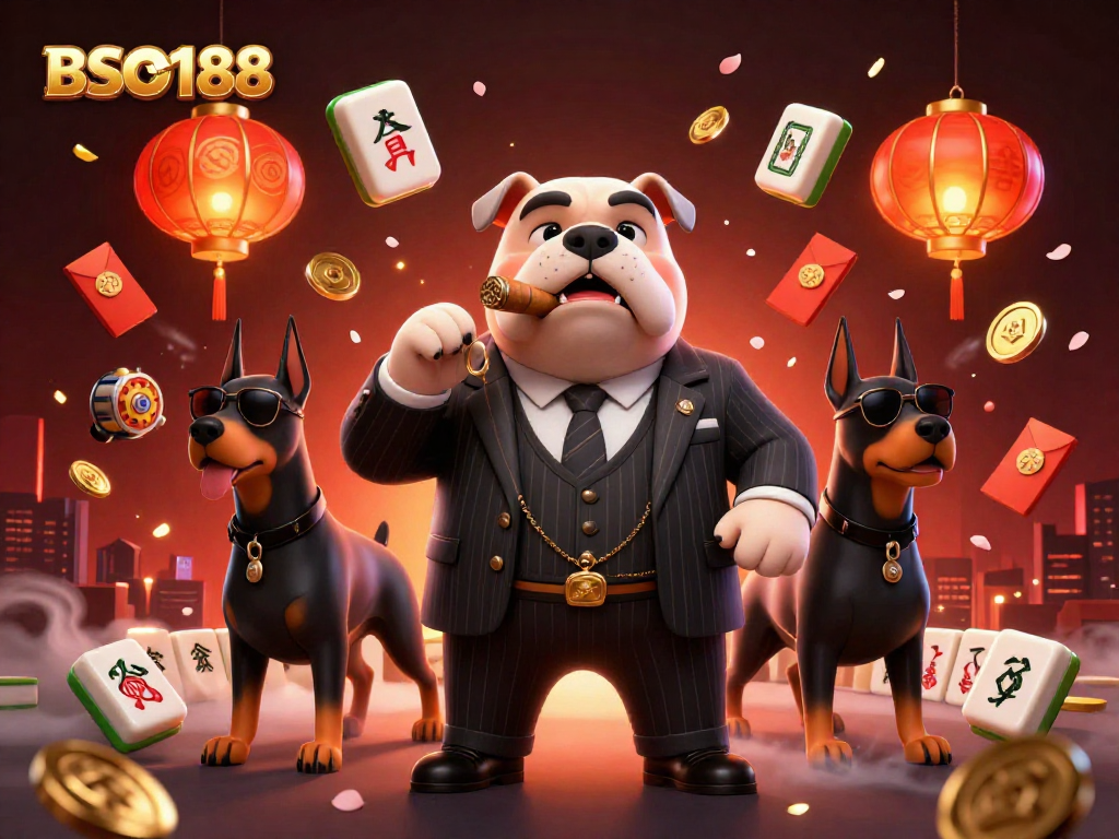 Engage with BSO188 using vibrant 3D casino elements featuring a mafia boss bulldog.