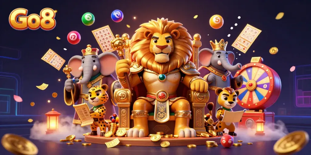 Experience the excitement of the Go8 Casino with a vibrant 3D scene featuring a lion king, elephant advisor, and cheetah messenger.