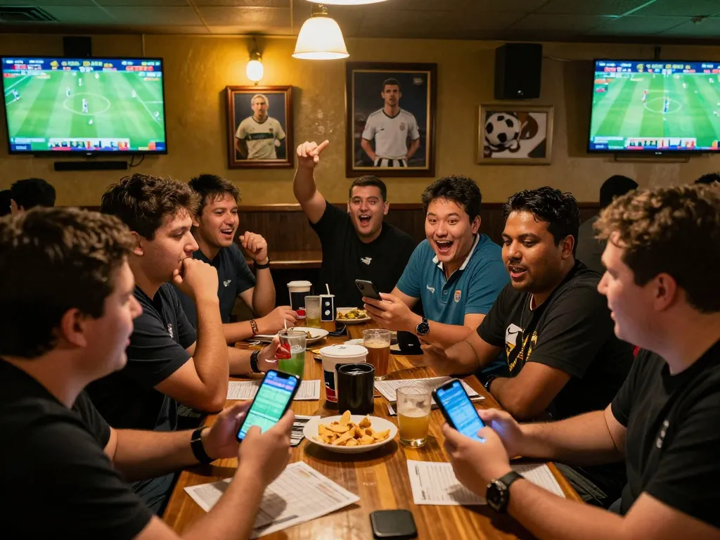 Excited sports fans analyzing live odds while betting at a pub during a football match, nhandinhkeonhacai strategies in action.