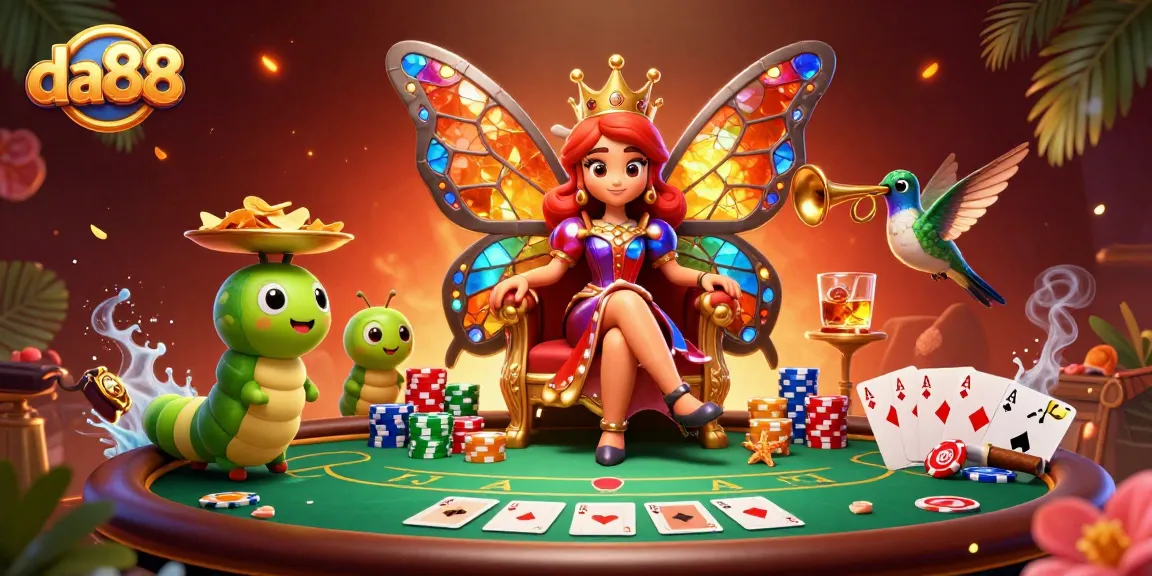 Poker scene with da88 characters: butterfly queen, chip trays, and energetic ambiance.