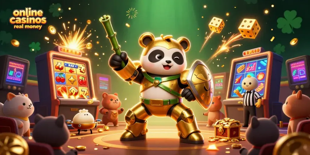 Exciting scene showcasing online casinos real money with a mech-suit panda in a vibrant casino arena.