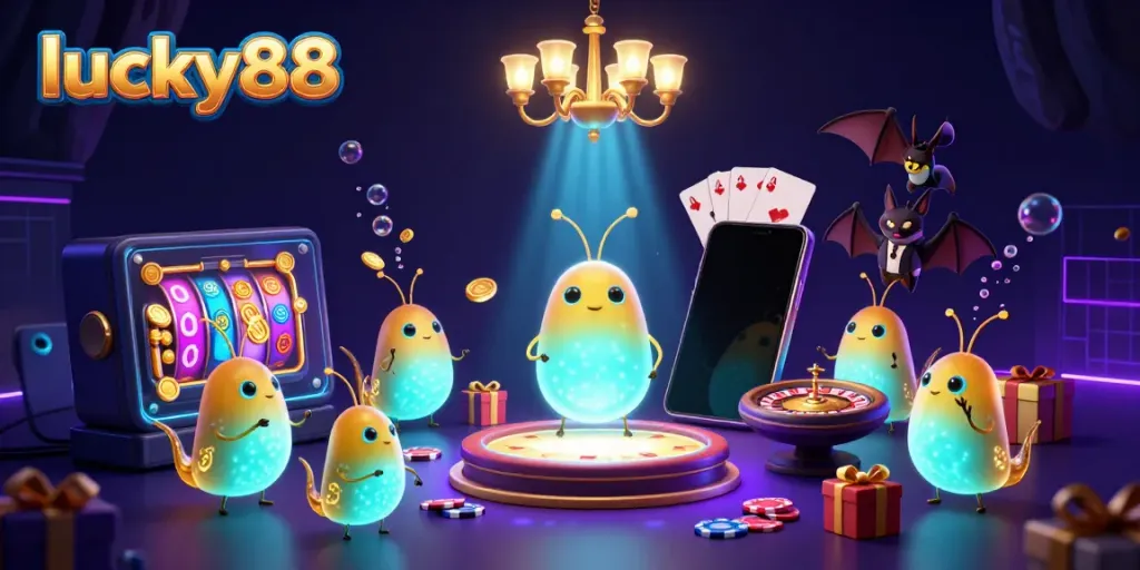 Experience the excitement at lucky88 casino with glowworms lighting up the games and golden coins flying.