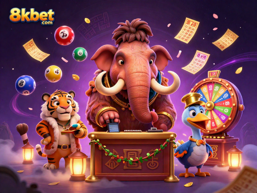 Engage with 8xbet com in a vibrant casino scene featuring a mammoth bouncer and colorful lottery elements.