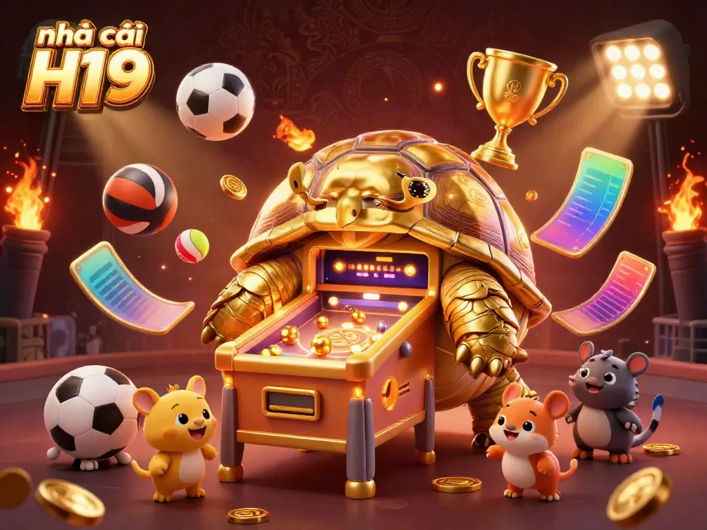 Engage with games at nhà cái H19 featuring a golden tortoise pinball machine surrounded by vibrant sports elements