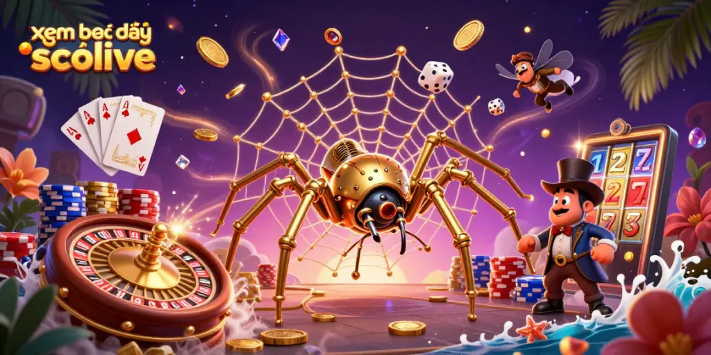 Xem trực tiếp bóng đá socolive with a steampunk spider and golden coins in a captivating casino scene.