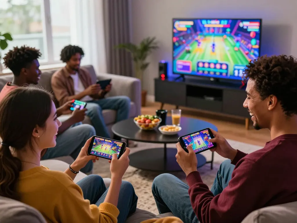 Online gaming excitement with friends enjoying vegasslot77 on mobile devices in a vibrant living room.