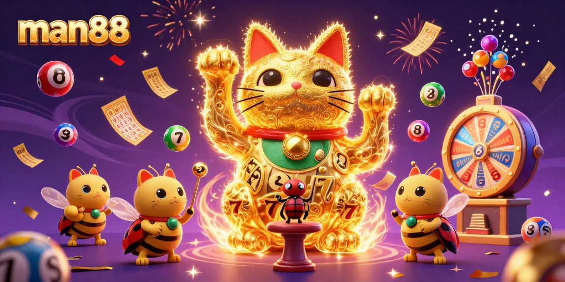 Experience man88 with a vibrant illustration of a lucky cat among casino symbols.