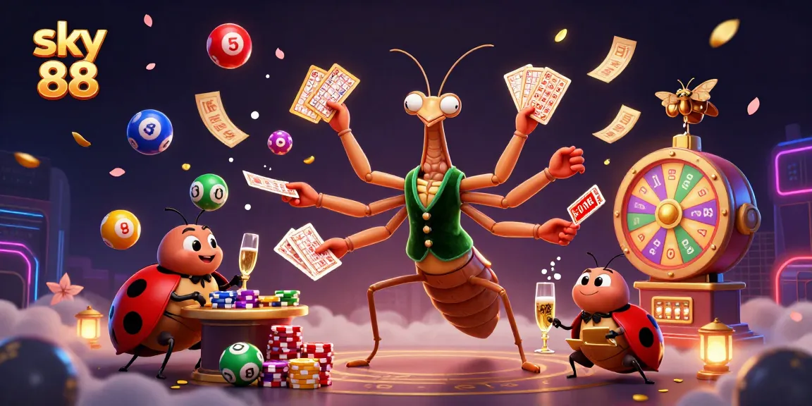 Experience excitement and wins with sky 88, featuring lottery elements and casino action in a vibrant 3D illustration.