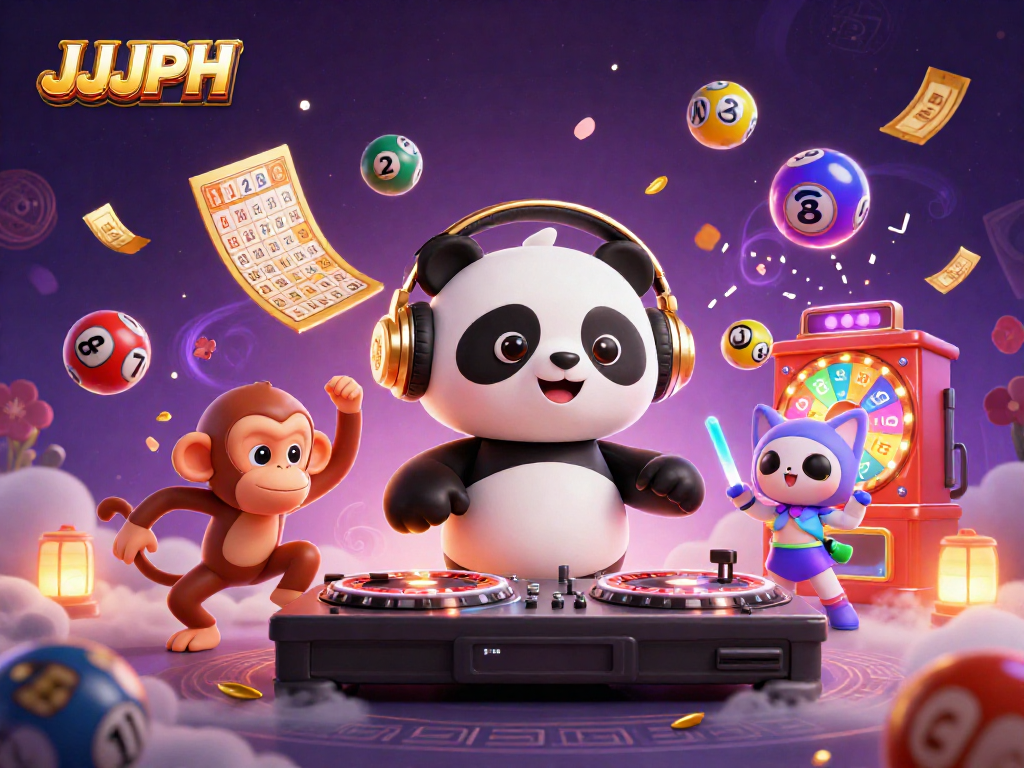 Experience engaging fun with JJJPH in a vibrant 3D DJ panda scene filled with lottery excitement.