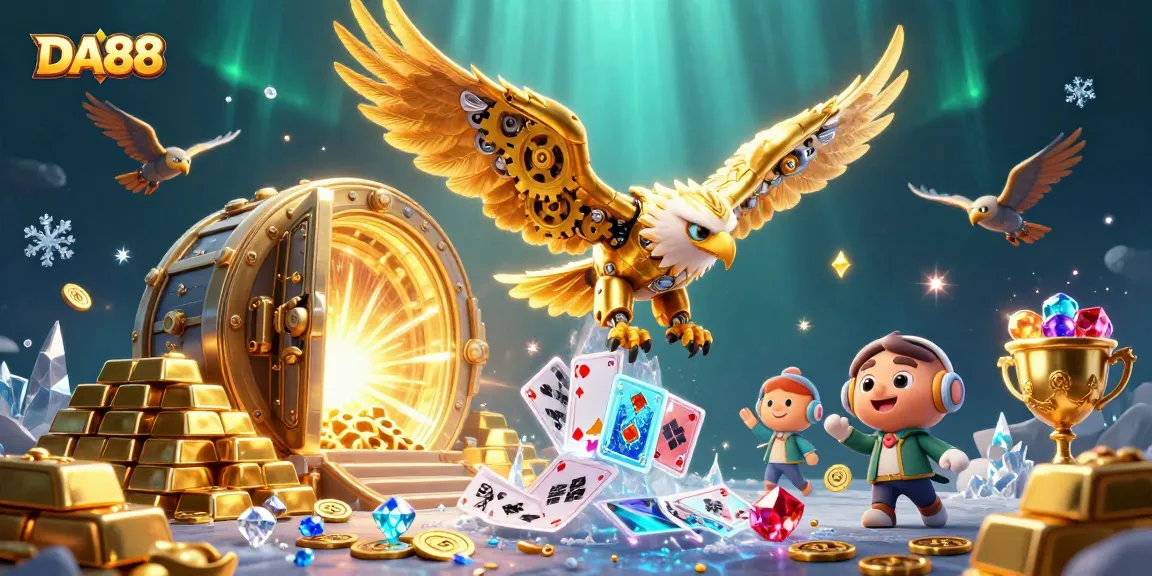 DA88 showcases a dynamic online casino scene with a cybernetic eagle amid floating cards and treasures.