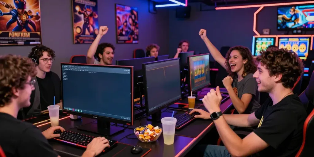 Friends enjoying an exciting gaming session at Bro138, immersed in vibrant slot games.