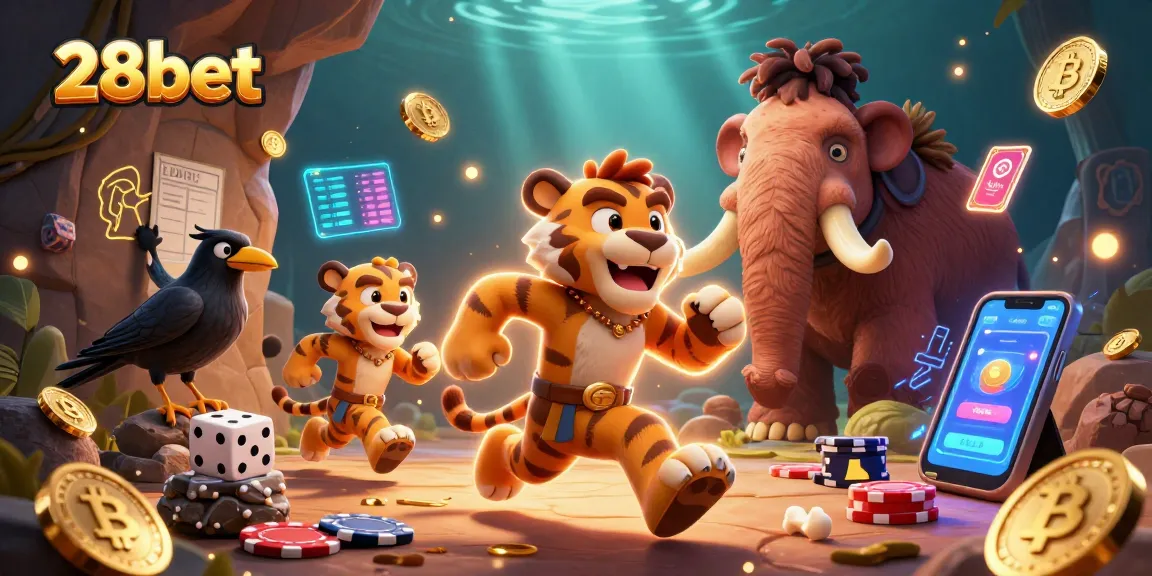Join the thrilling 28bet casino experience with caveman and tiger, showcasing fun gaming elements.