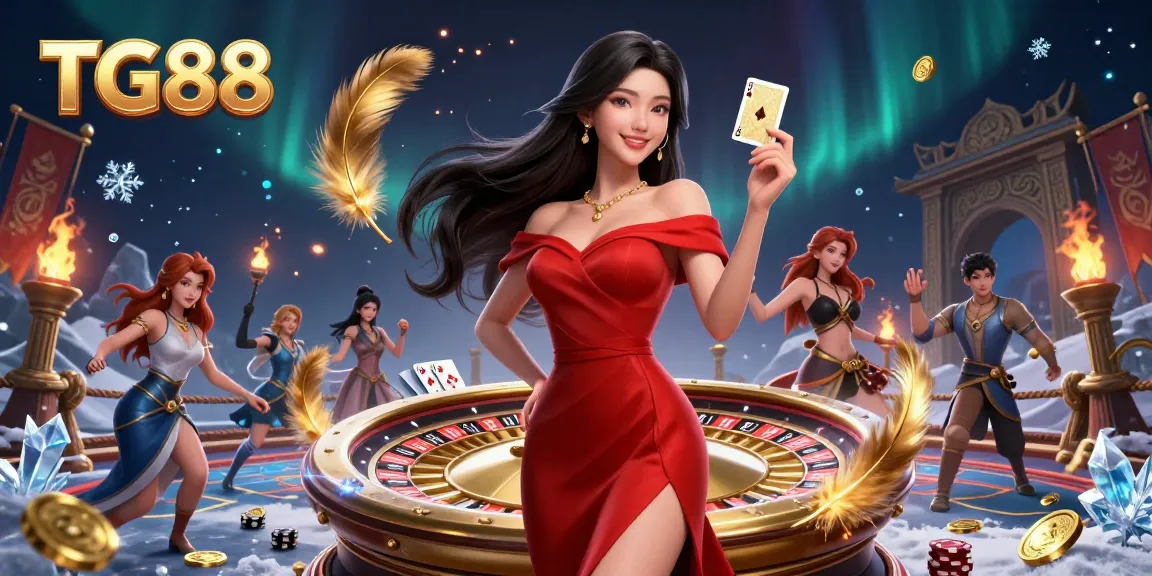 Experience the excitement at TG88, where a stunning woman plays cards beside a golden roulette wheel.