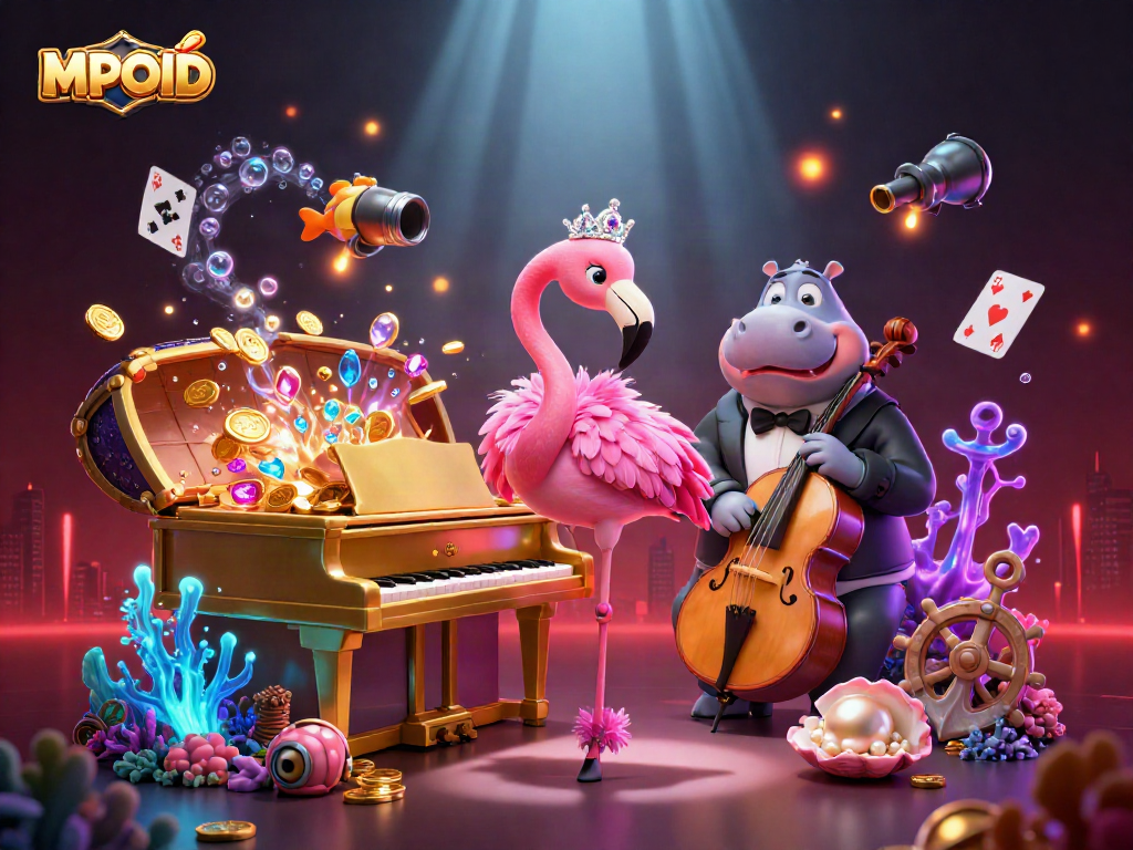 Engage with MPOID's dynamic gambling scene complete with vibrant casino characters and rich treasures.