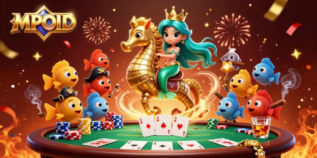 MPOID captures exciting poker action featuring a mermaid with vibrant fish friends at an exquisite casino.