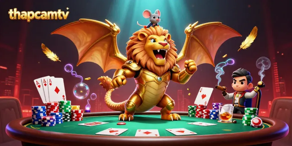 Witness thapcamtv's mythical chimera heralding a bold poker victory in a vibrant casino scene.