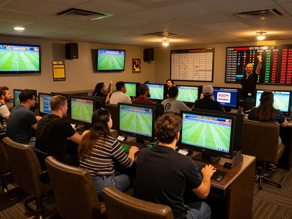 Engage with kèo bóng đá ngày mai in a vibrant sports betting lounge with patrons placing bets.