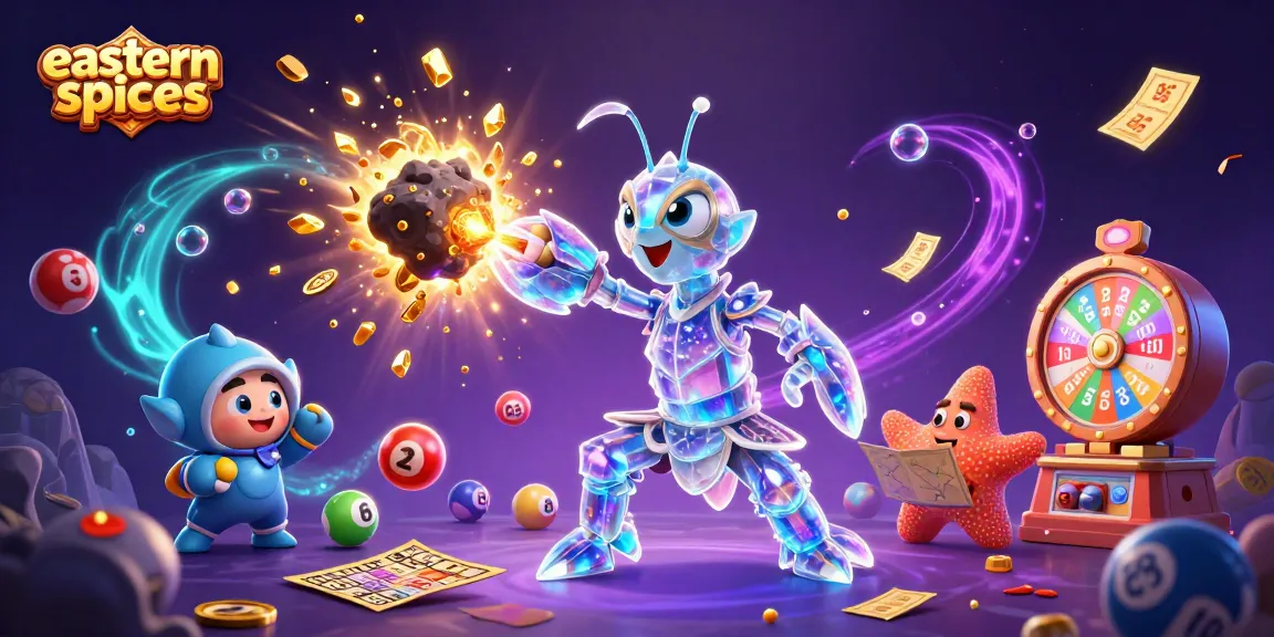 Experience excitement with easternspices as a colorful 3D scene of a mantis shrimp smashing asteroids into gems.