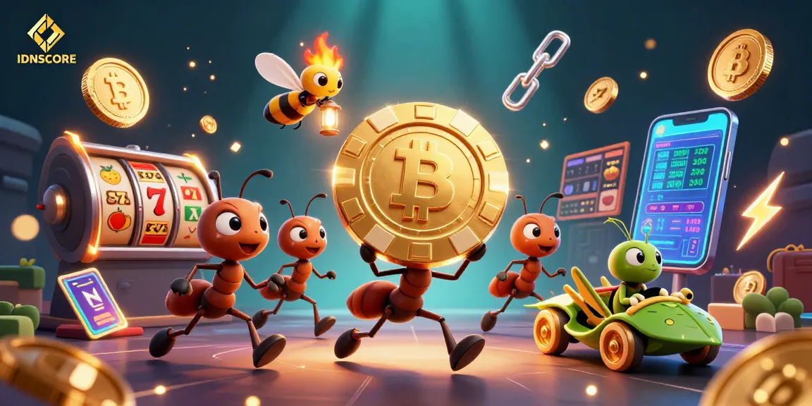 IDNSCORE provides exciting slot gaming experiences with ants heisting giant poker chips in a colorful scene