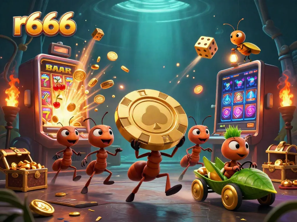 Experience the vibrant world of r666 with ants in a casino heist carrying a giant poker chip.