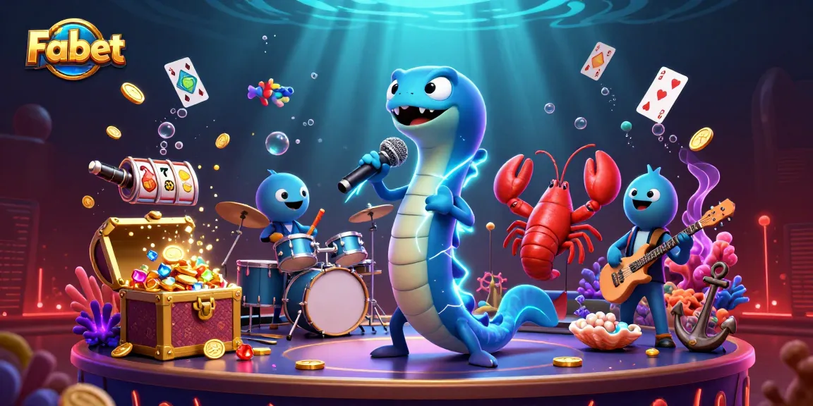 Fabet's lively underwater casino scene with a DJ eel, drummer lobster, and guitarist seahorse.