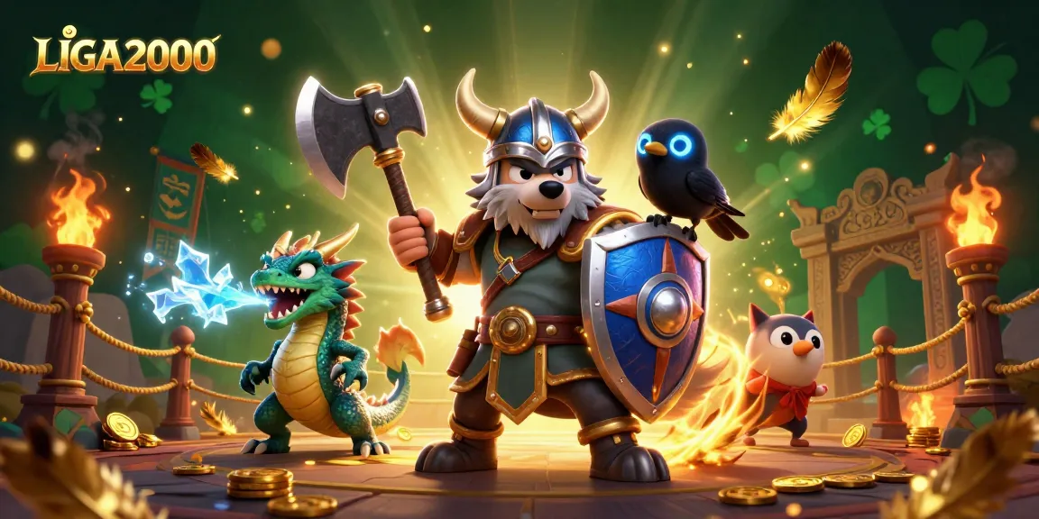 Aksi permainan online LIGA2000 dengan pejuang Viking, naga, dan burung gagak di tengah koin emas dan elemen taruhan