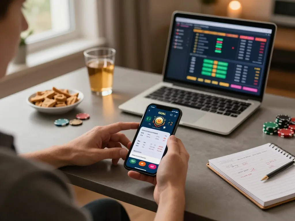 Person engaging with the LGO GOAL online gaming app on smartphone, showcasing active poker gameplay.
