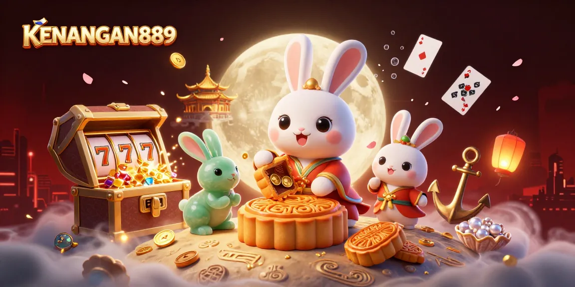 KENANGAN889 showcases a vibrant casino scene with animated slot games and playful characters.