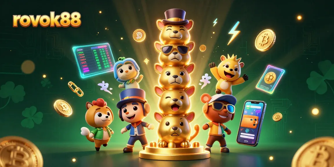 Engage with the vibrant rokok88 casino scene featuring dynamic 3D characters, crypto coins, and glowing elements.