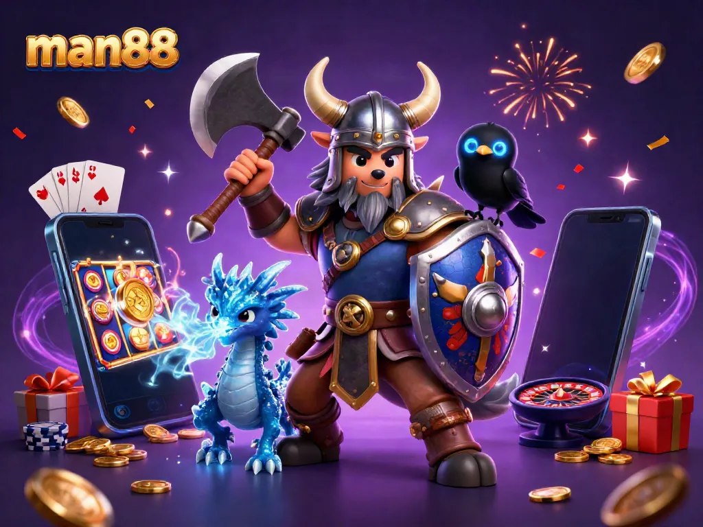 Spin slots and win big with man88 while surrounded by a Viking warrior, fierce dragon, and gaming elements.