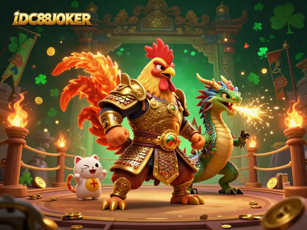 Engage in thrilling battles at IDC88JOKER with a fighting rooster warrior and dragon hatchling.