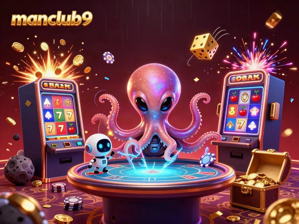Play exciting casino games at manclub9 with a whimsical alien octopus and jackpot bursts of fun.